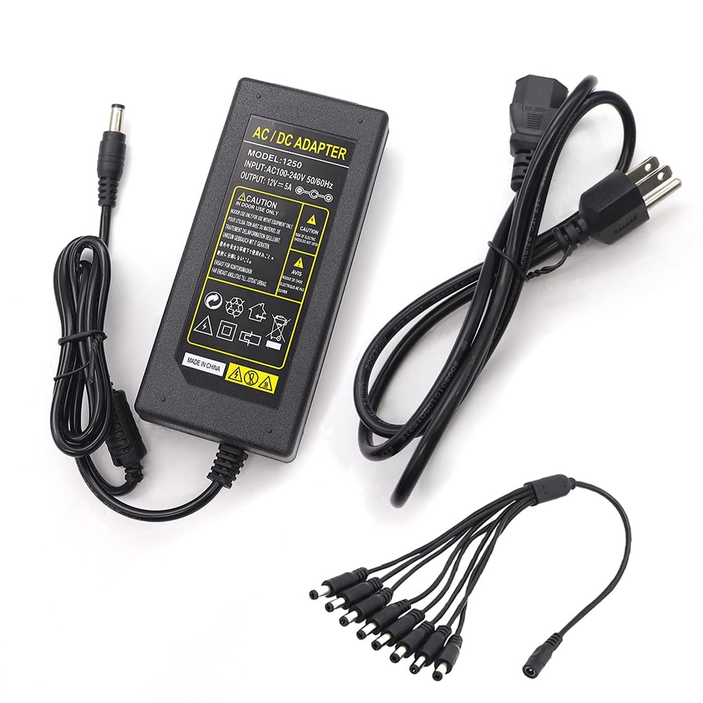 Tnuocke 3 Prong Security Camera Power Adapterm,12V 5A 100V 240V Camera Power Adapter 8 Way Power Splitter Cable For Cctv/Camer/D