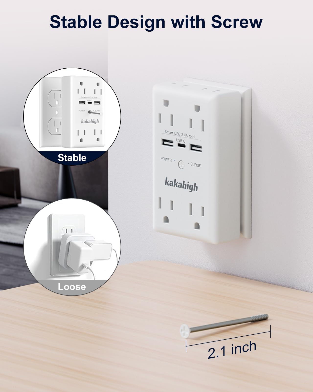 Wall Outlet Extender With Screw, 8 Way Outlets With 1680J Surge Protected, Multi Plug Wall Outlet With Usb Ports, Led Indicator,