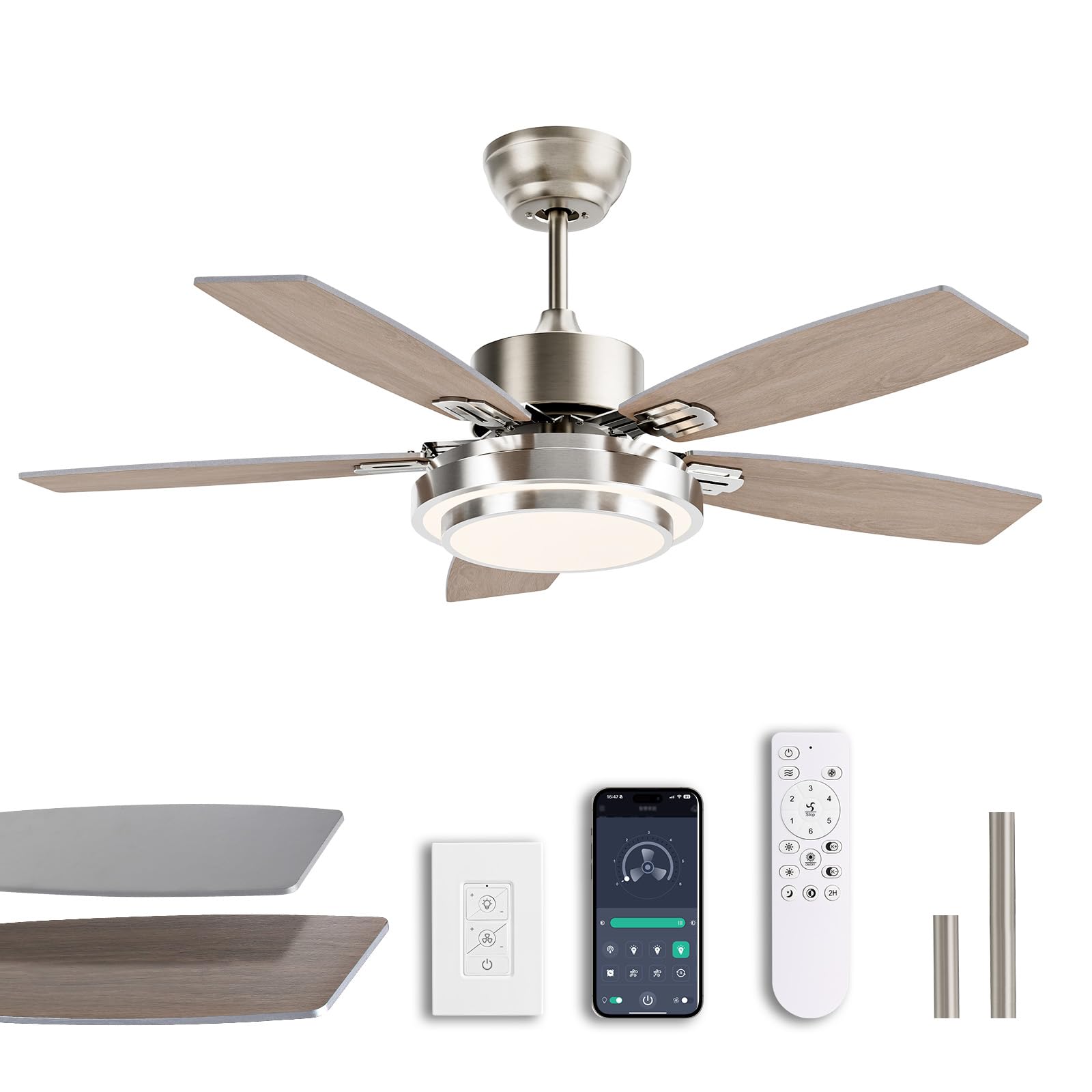 SNZ 42 Inch Ceiling Fans with Lights and Remote/APP Control, Modern Nickel Ceiling Fan with Quiet Reversible DC Motor, 3 CCT Dim