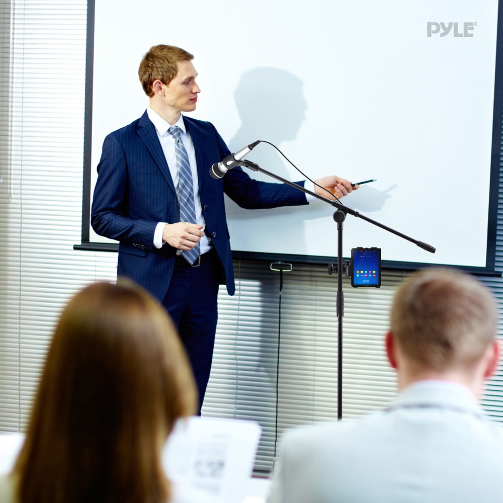 Pyle 2 In 1 Microphone And Tablet Stand   Adjustable Telescopic Column, 4.7    To 8.7    Tall, Powder Coated Black Finish, Unive
