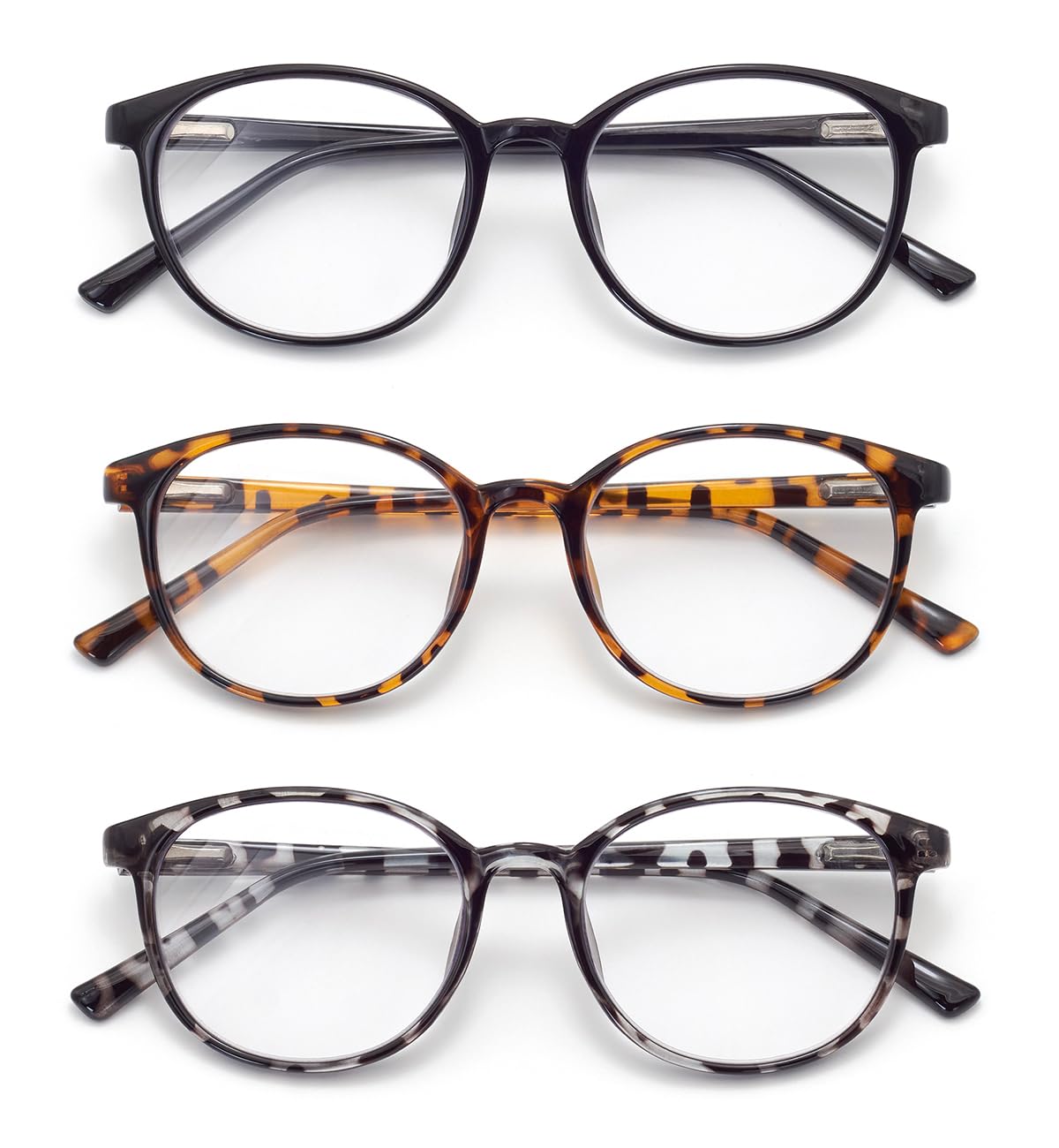 FoxMook 3-Pack Blue Light Blocking Glasses Round Women Men Computer Glasses Anti Eye Strain/UV/Glare Gaming Glasses, Black Brown