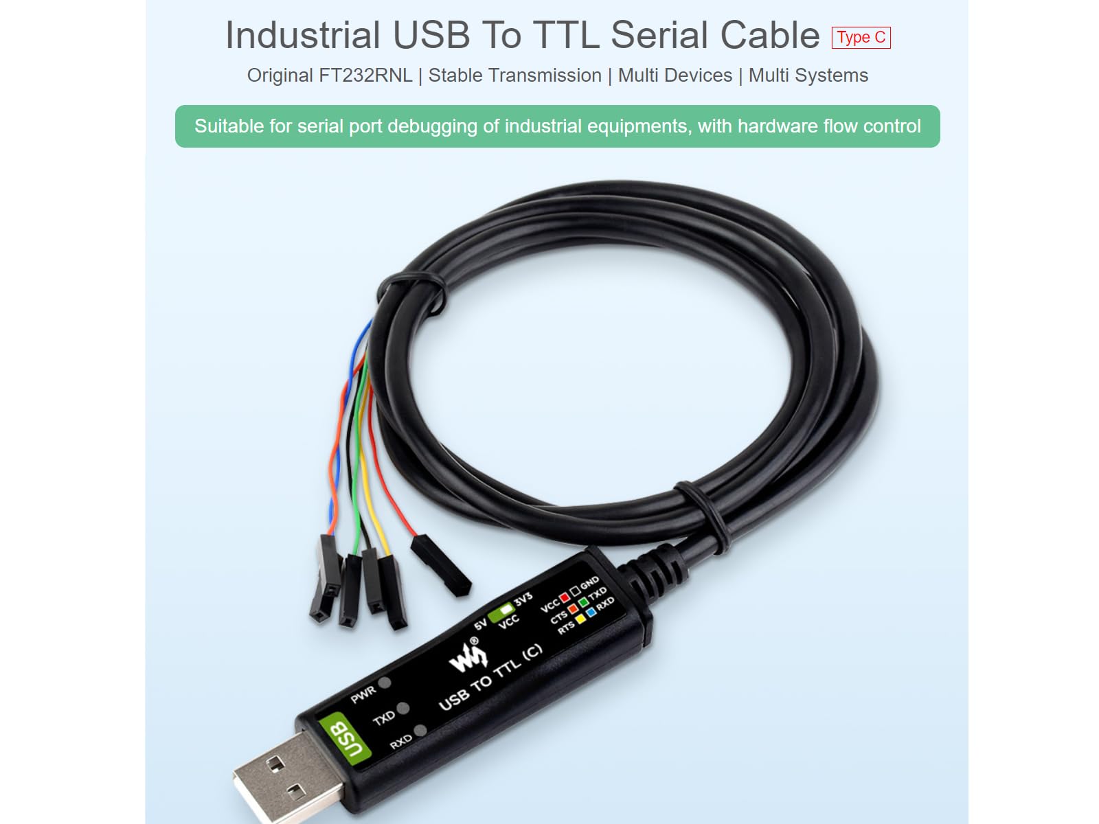 Waveshare Industrial Usb To Ttl 6Pin Serial Adapter Cable, Usb To Ttl (C) Converter Onboard Ft232Rnl Chip,Compatible With Win11/