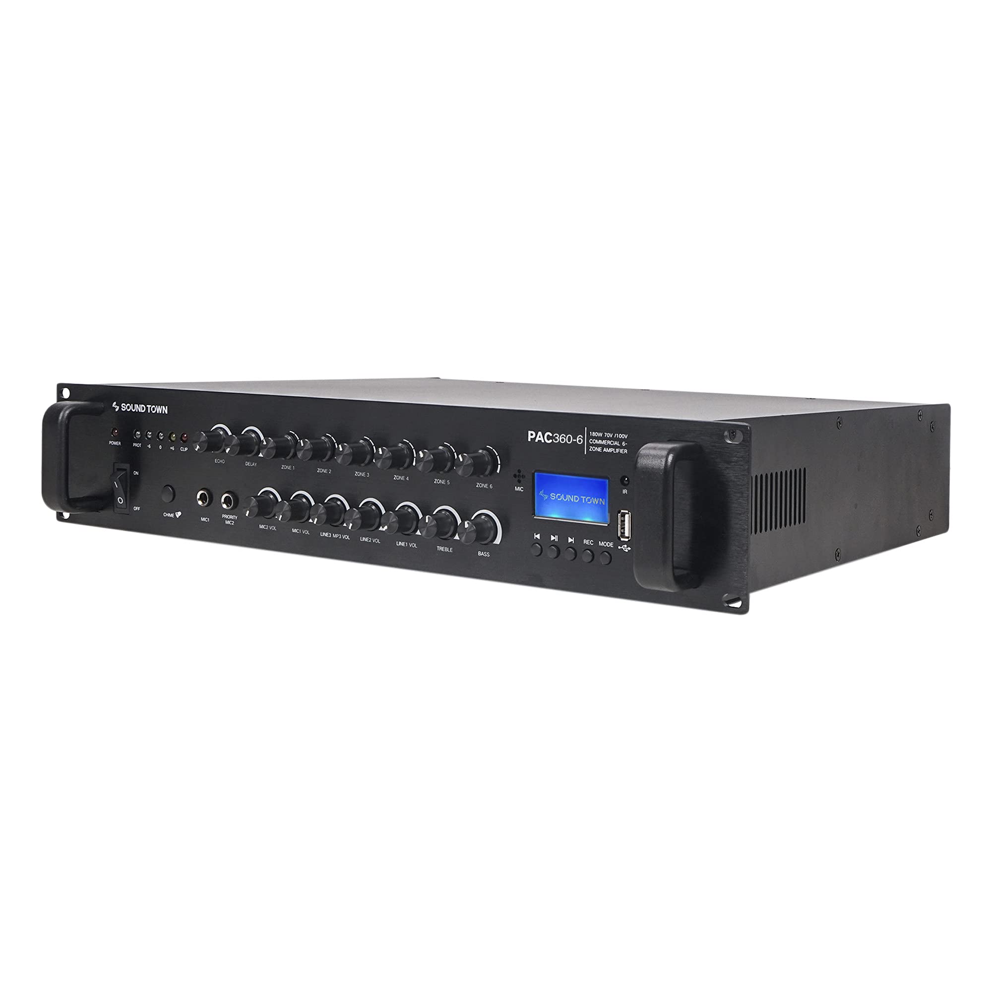Sound Town 360W 6 Zone 70V/100V Commercial Power Amplifier With Bluetooth, Aluminum, For Restaurants, Lounges, Bars, Pubs, Schools And Warehouses (Pac360 6)