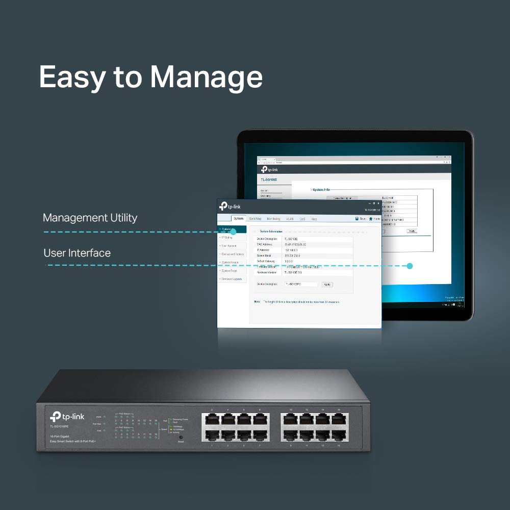 Tp-Link Tl-Sg1016Pe | 16 Port Gigabit Poe Switch | Easy Smart Managed | 8 Poe+ Ports @150W | Plug & Play | Sturdy Metal W/ Shiel