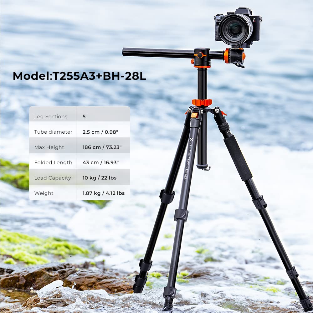 K&F Concept 73 Inch /186Cm Camera Tripod,Transverse Center Column Aluminium Dslr Tripod With 360 Degree Ball Head 10Kg Load Capacity,Quick Release Plate,Detachable Monopod T255A3+Bh 28L