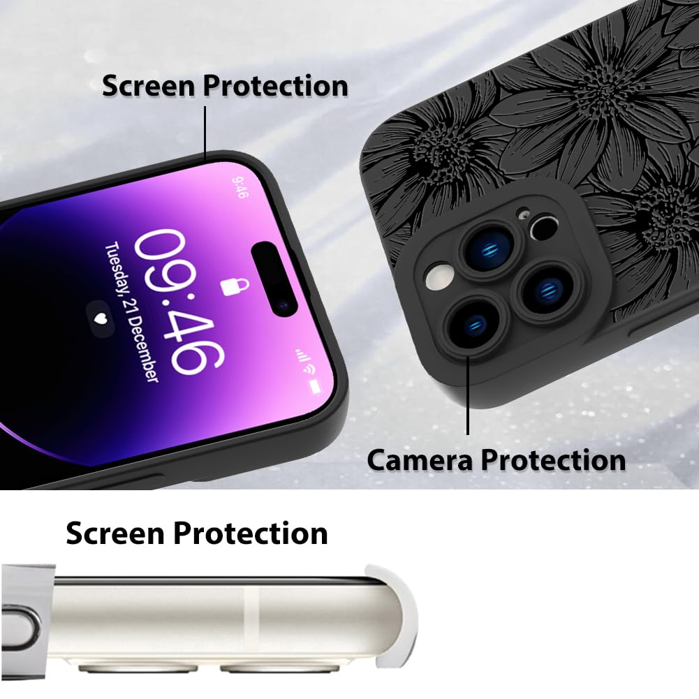 Mzelq For Iphone 14 Pro Max Case, Silicone Black Floral Flowers Sunflowers Cute Pattern, Camera Protection Soft Slim Phone Case