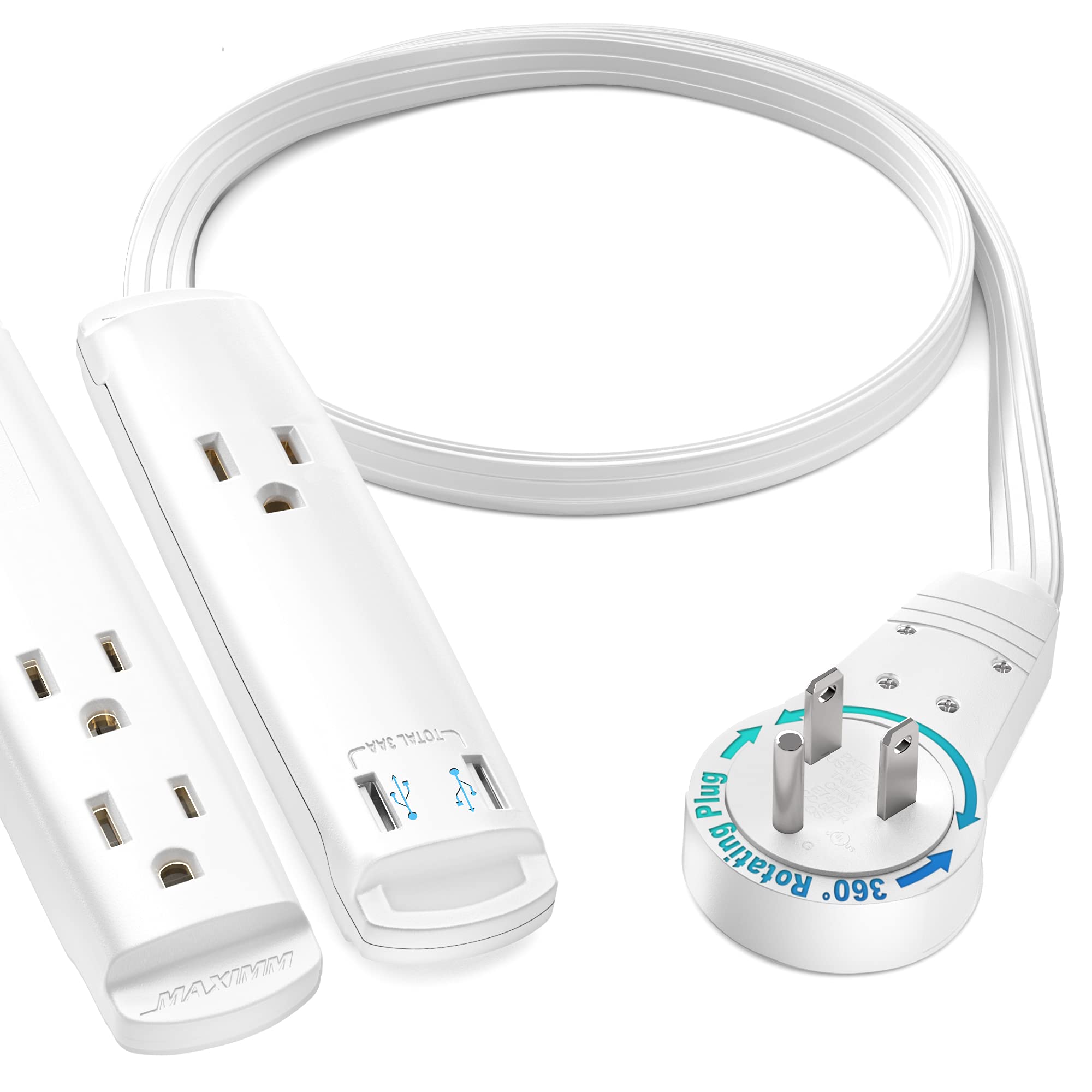 Maximm Extension Cord With Usb Ports 1Ft, 360 Rotating Flat Plug Extension Cord, 3 Outlet With Usb Ports (2 Ports), 3 Prong Exte