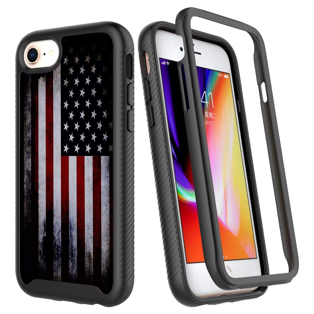 Gugu6Ji Black Vintage Usa American Flag Patriotic Design Compatible Iphone Se Case,Iphone 7 Case,Iphone 8 Case,Shockproof Rugged