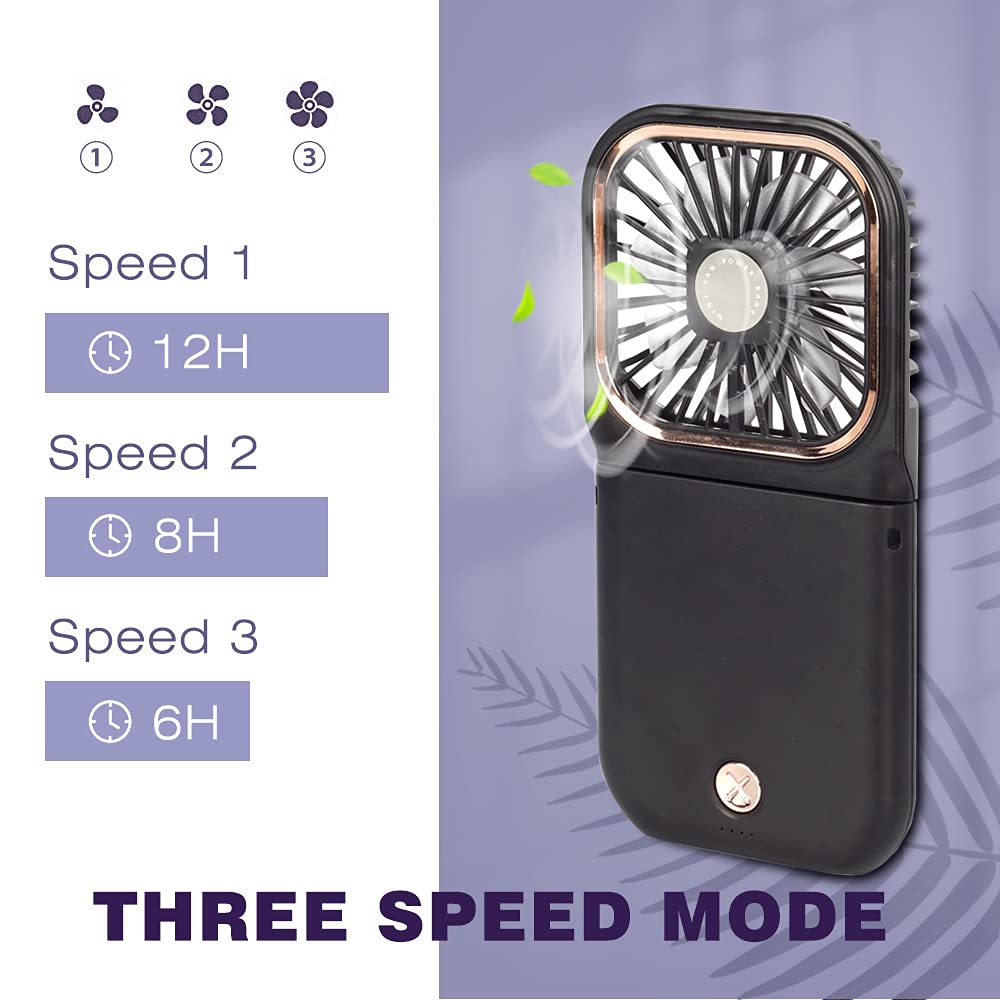 FADACHY Portable Mini Fan - 5-in-1 Battery Operated Handheld & Desk Fan, Power Bank, Phone Holder, USB Rechargeable, 3000 mAh, Black
