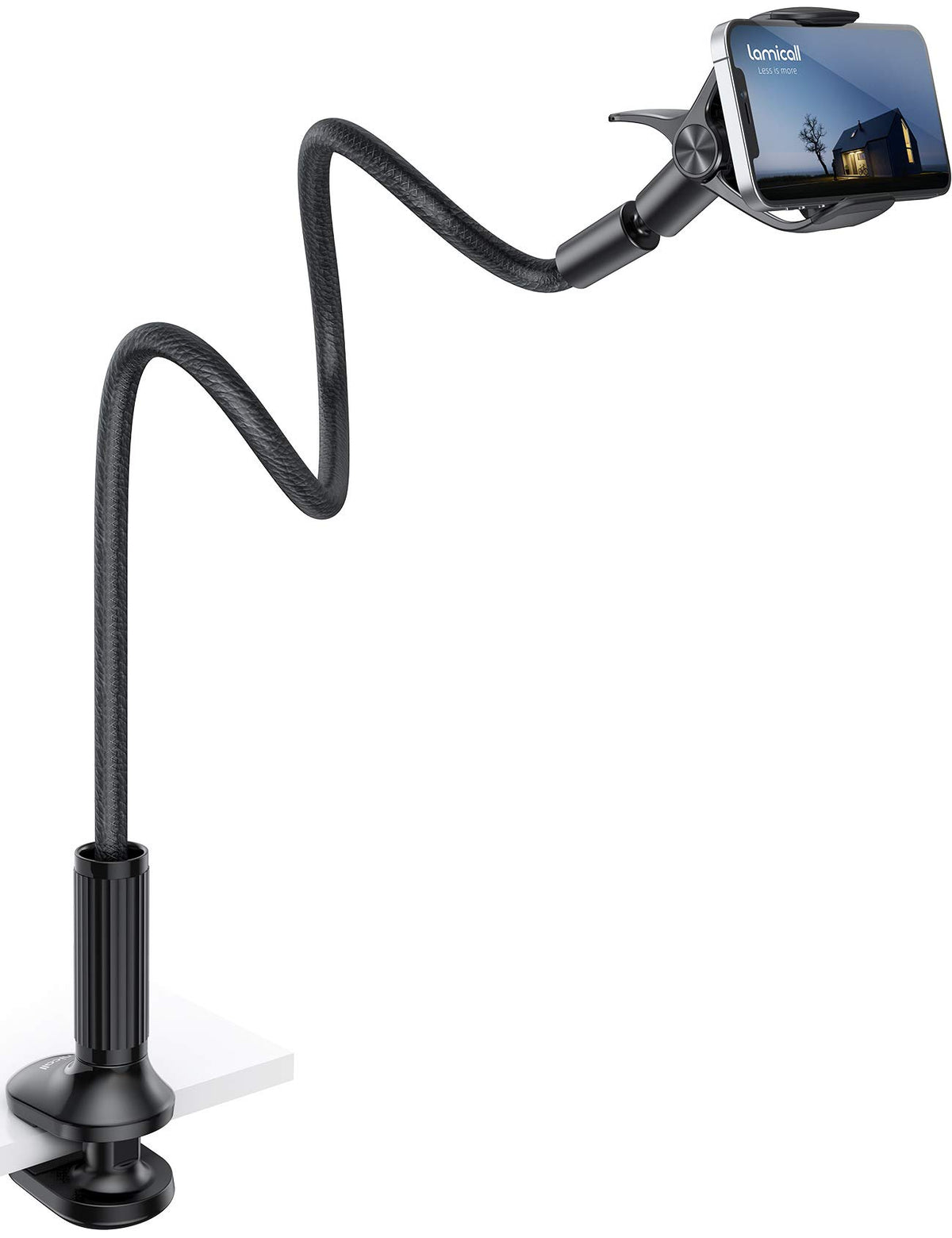 Lamicall Gooseneck Phone Holder for Bed   Overall Length 38.6in, Flexible Leather Wrapped Arm, 360 Adjustable Clamp Clip, Overhead Cell Phone Mount Stand for Desk, Compatible with All Cellphone (4 7�)
