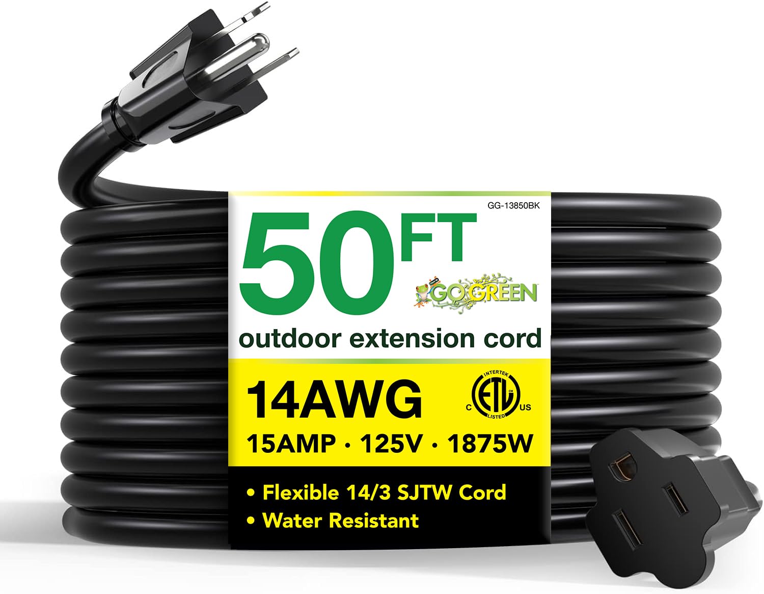 Go Green Power Inc. 14/3 50Ft Black Outdoor Extension Cord   Robust, Heavy Duty   Perfect For Outdoor Tools & Equipment   Gg 138