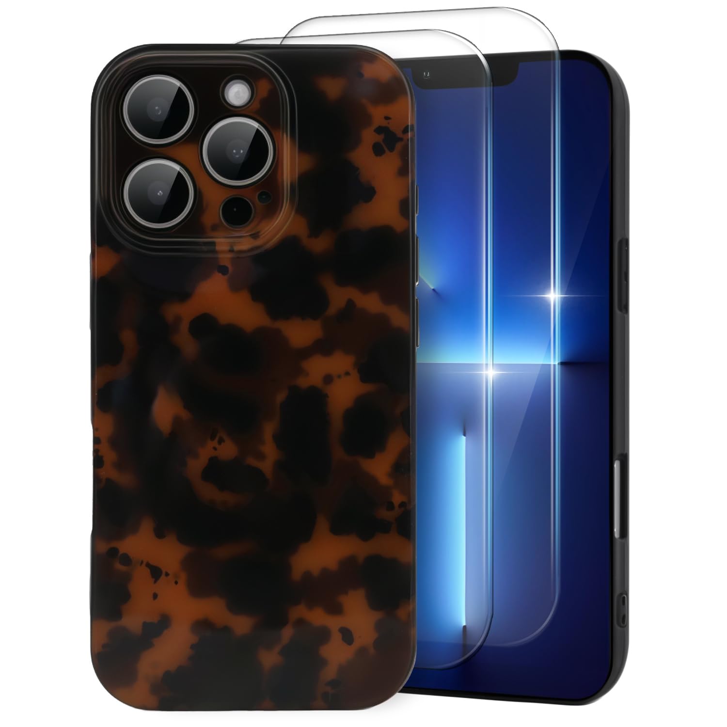MYY Cute Phone Case for iPhone 13 Pro Case, [with 2X Screen Protector] Tortoise Shell Pattern Leopard Full Camera Protective Sli