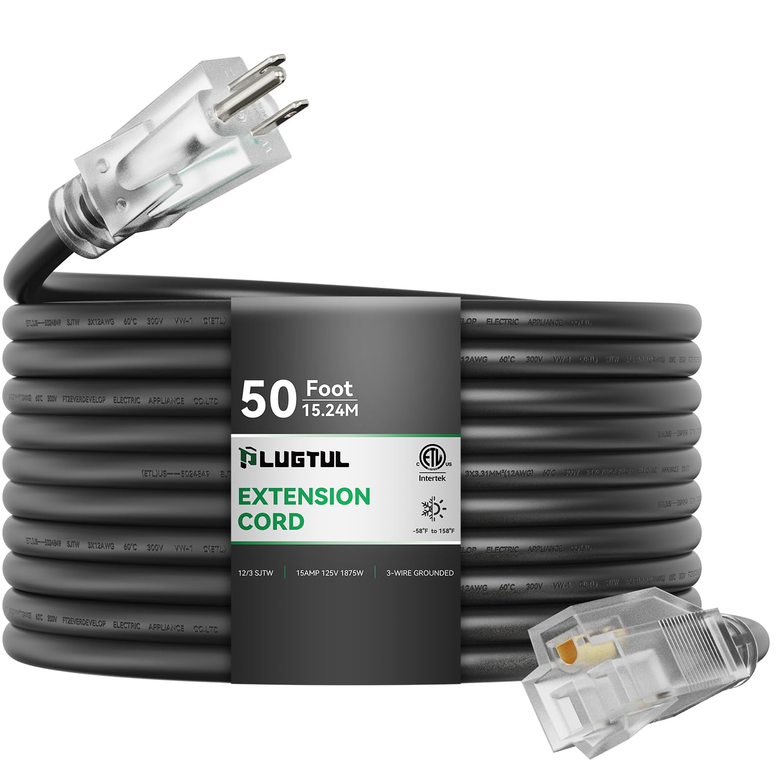 Plugtul Outdoor Extension Cord 50Ft, 12 Gauge Extension Cord With Lighted End, Heavy Duty,15A 1875W Sjtw, Etl Listed, Great For