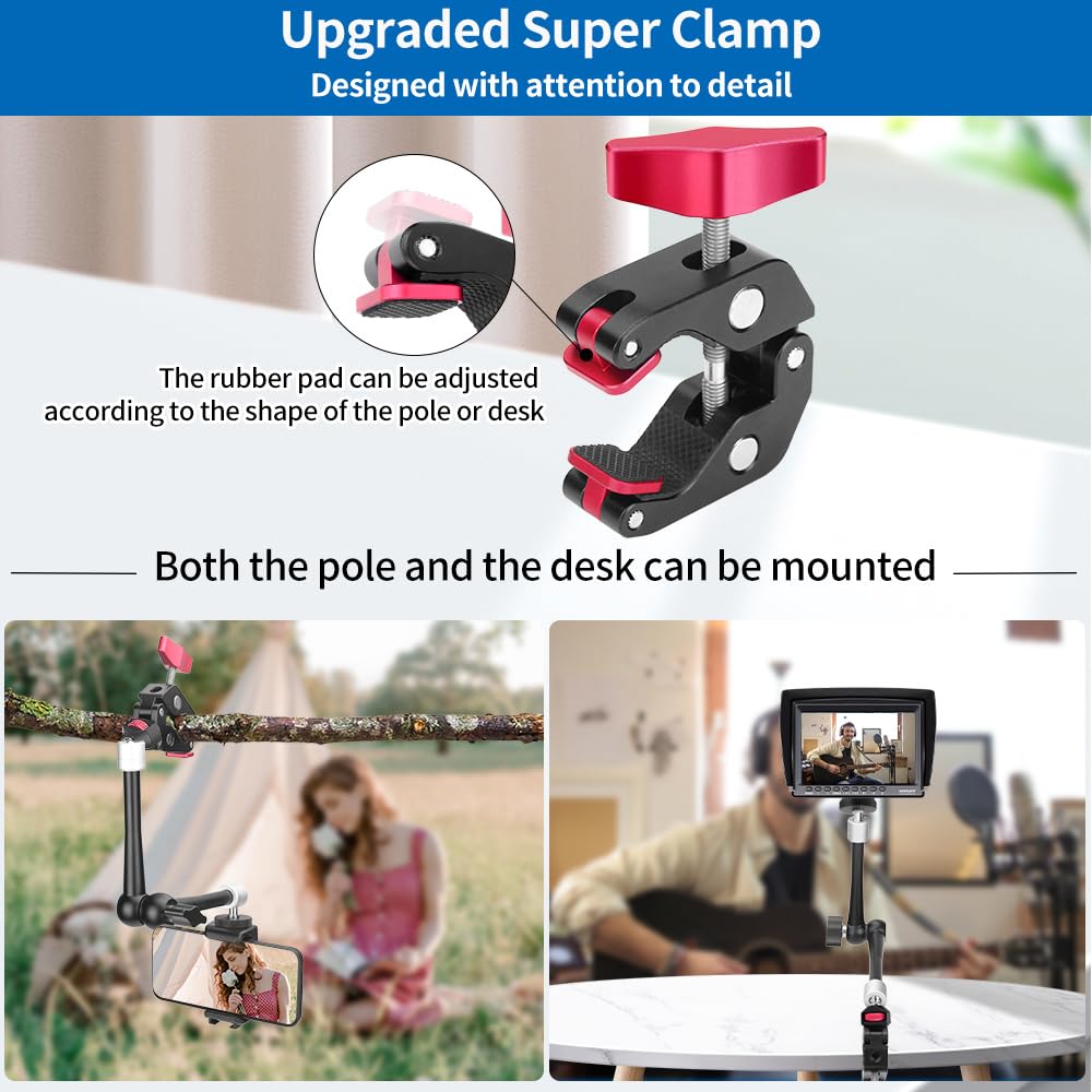Hemmotop Magic Arm Camera Mount 11'' Max. Payload 5.5 Lbs, Adjustable Articulating Arm And Super Clamp With Anti Twist Pins, Rotatable Pads, Friction Arm For Monitor, Led Light, Camera Video Rig Ms02