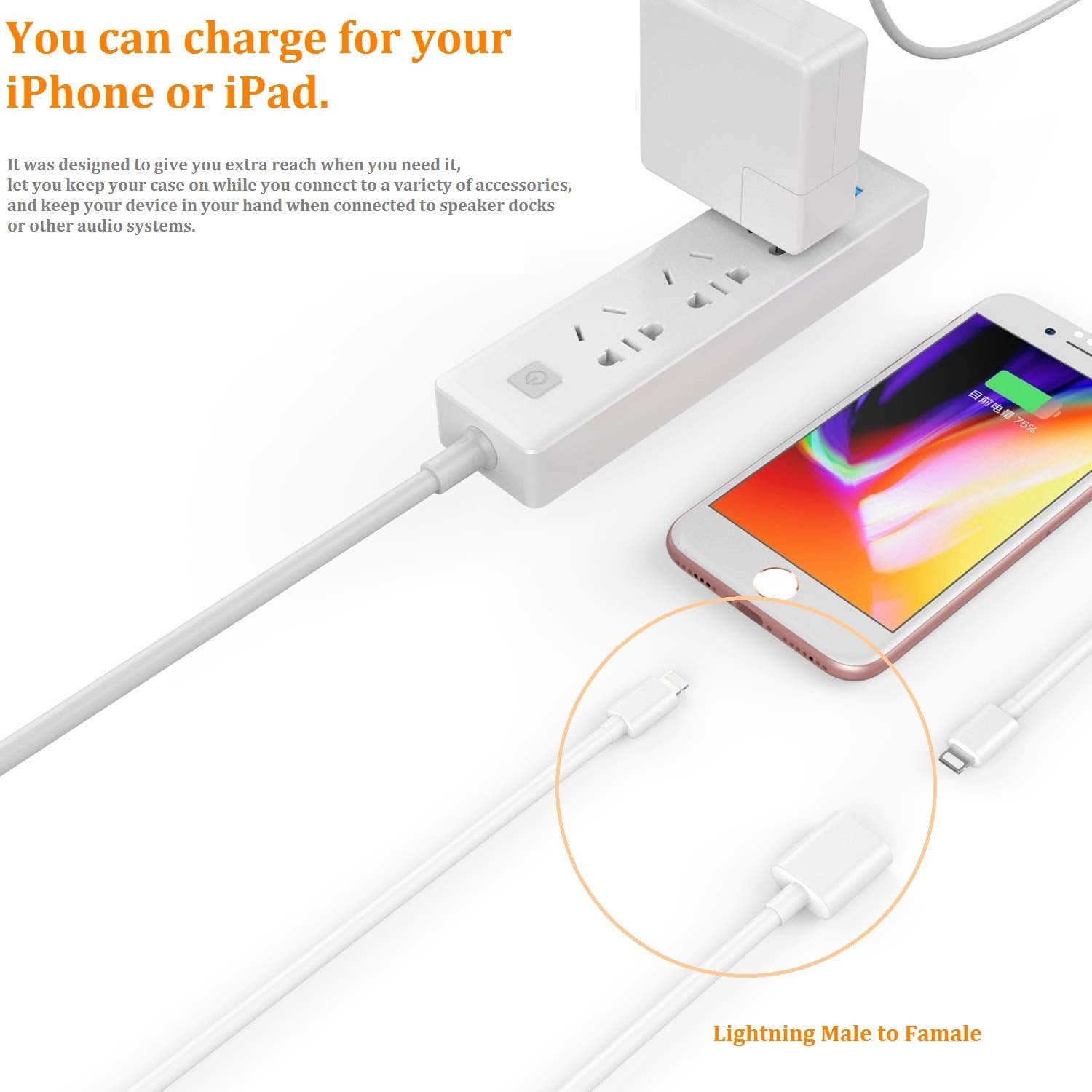 Desoficon Iphone Charger Extension Cable Compatible With Iphone/Ipad, Extender Dock Cable For Male To Female Cable Extension Ada