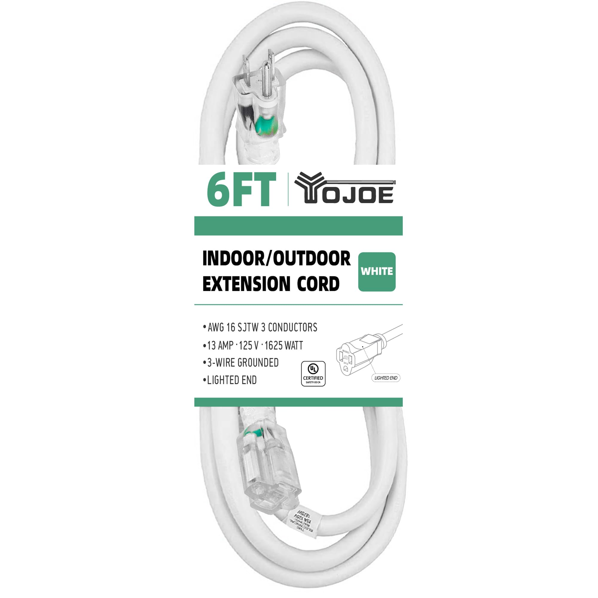 Yojoe Indoor Outdoor Extension Cord With Lighted End, 3 Prong 13A Weatherproof Power Extension Cord, 16 Gauge Heavy Duty 6 Ft Wh
