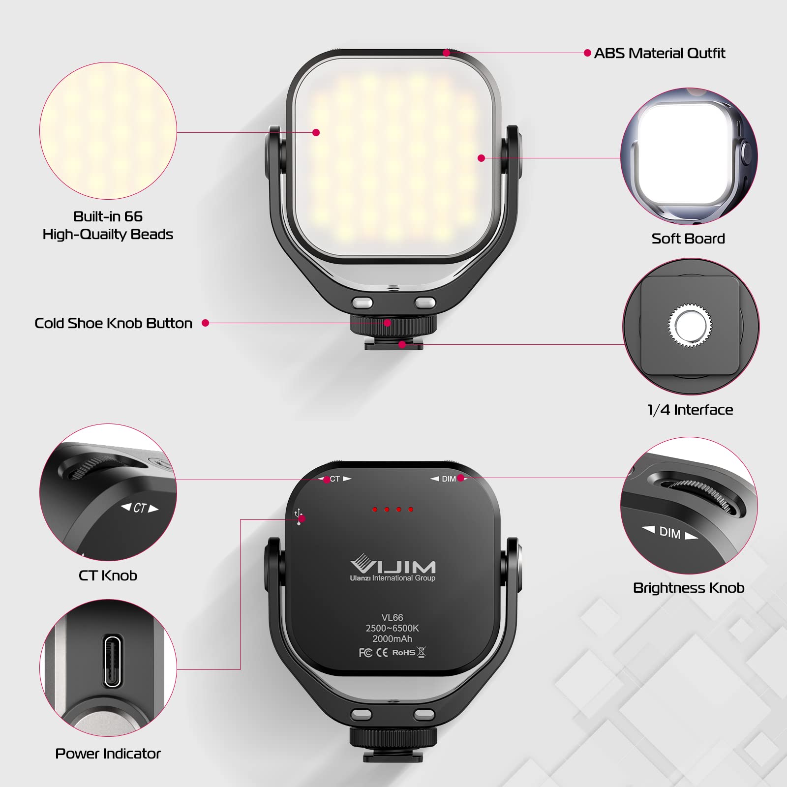 Ulanzi Vl66 Bi Color Adjustable Rechargeable 2500 6500K   Mini Video Portable Light On Camera, 2000Mah Cri95+ Dimmable, Ultra Br