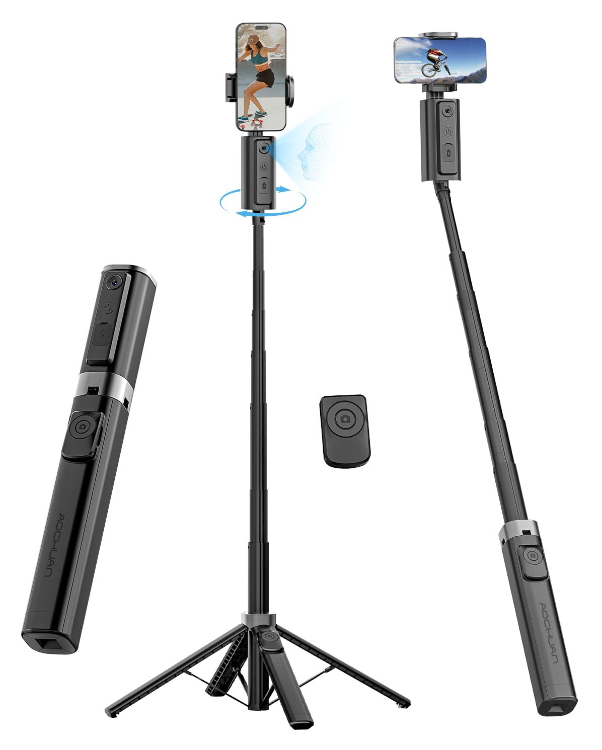 AOCHUAN Face Tracking Tripod for iPhone,57 Expandable Selfie Stick for iPhone,Phone Tripod for Android with Remote, No APP,Ges