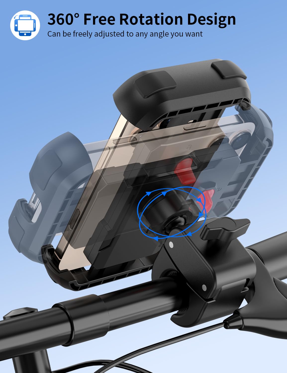 Bike Phone Holder, Motorcycle Phone Mount, [Camera Friendly] [Quick Install] [Double Locked]Clip For Scooter, 360 Rotate Cell Ph