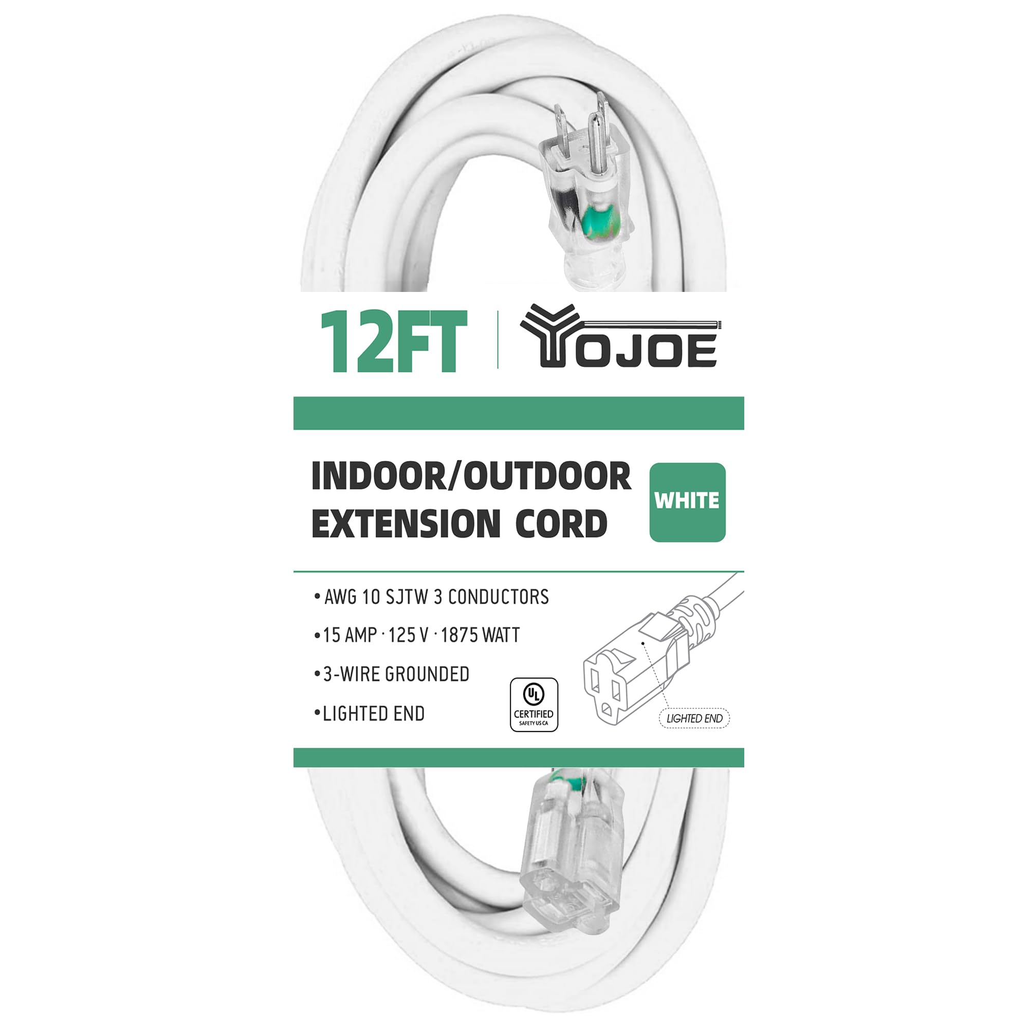 Yojoe Indoor Outdoor Extension Cord With Lighted End, 3 Prong 15A Weatherproof Power Extension Cord, 10 Gauge Heavy Duty 12 Ft W