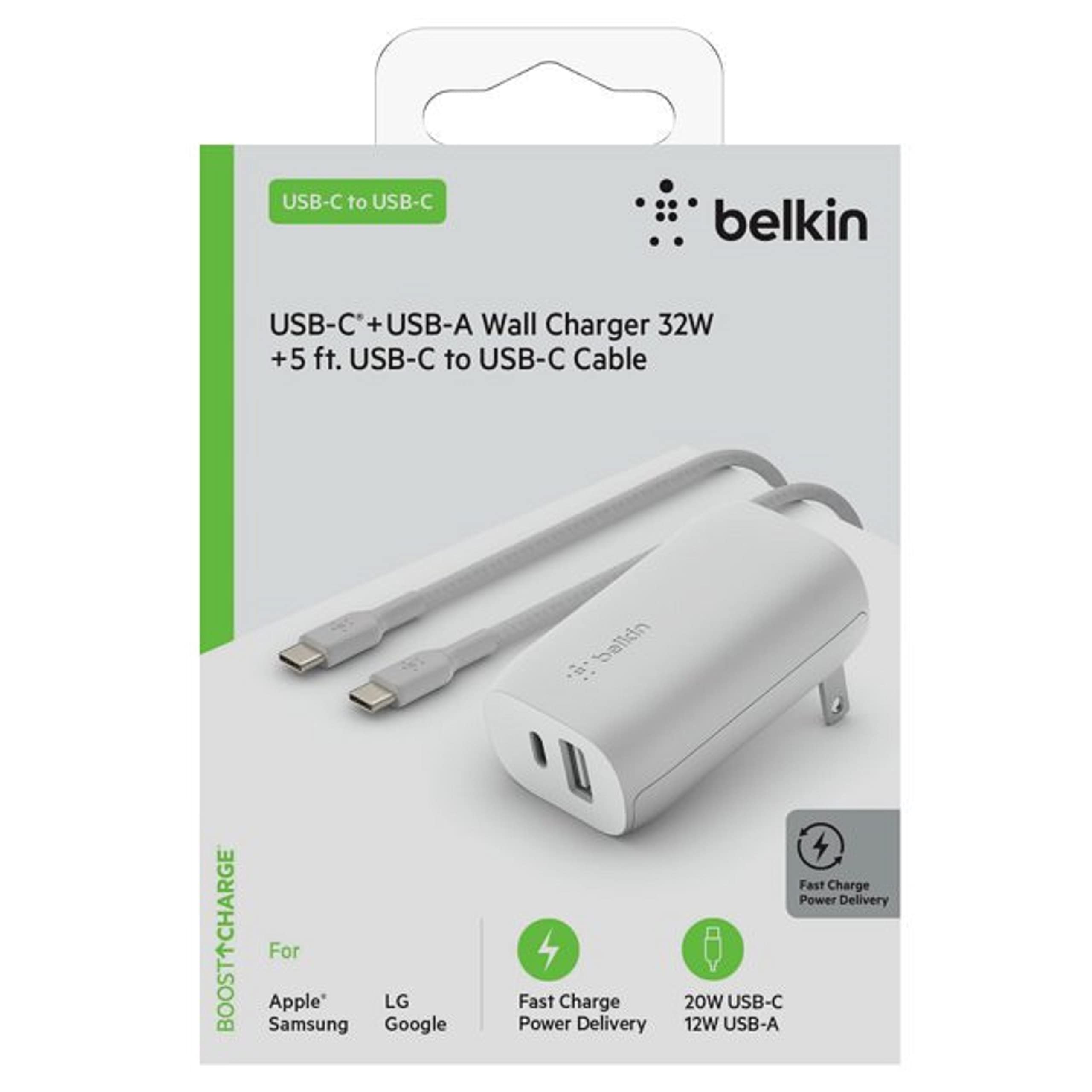 Belkin Usb C Wall Charger 32W C To C Cable Included Pd With 20W Usb C & 12W Usb A Ports For Usb C Power Delivery