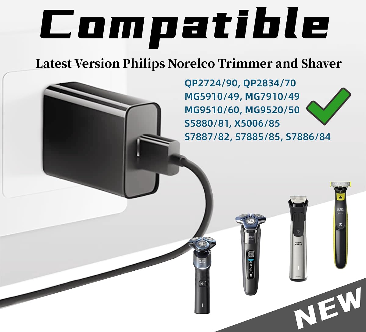 Qjin Usb A Charging Cable Wall Power Adapter For Philips Norelco 2400 Qp2724/90, Qp2834/70, S7887/82, S5880/81, X3001/90, Mg9520