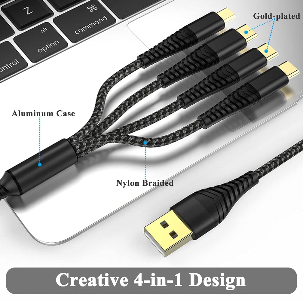2Pack 6Ft Multi Charging Cable 3A, Multi Charger Cable Nylon Braided Universal 4 In 1 Multi Usb Cable Multiple Devices Charger C