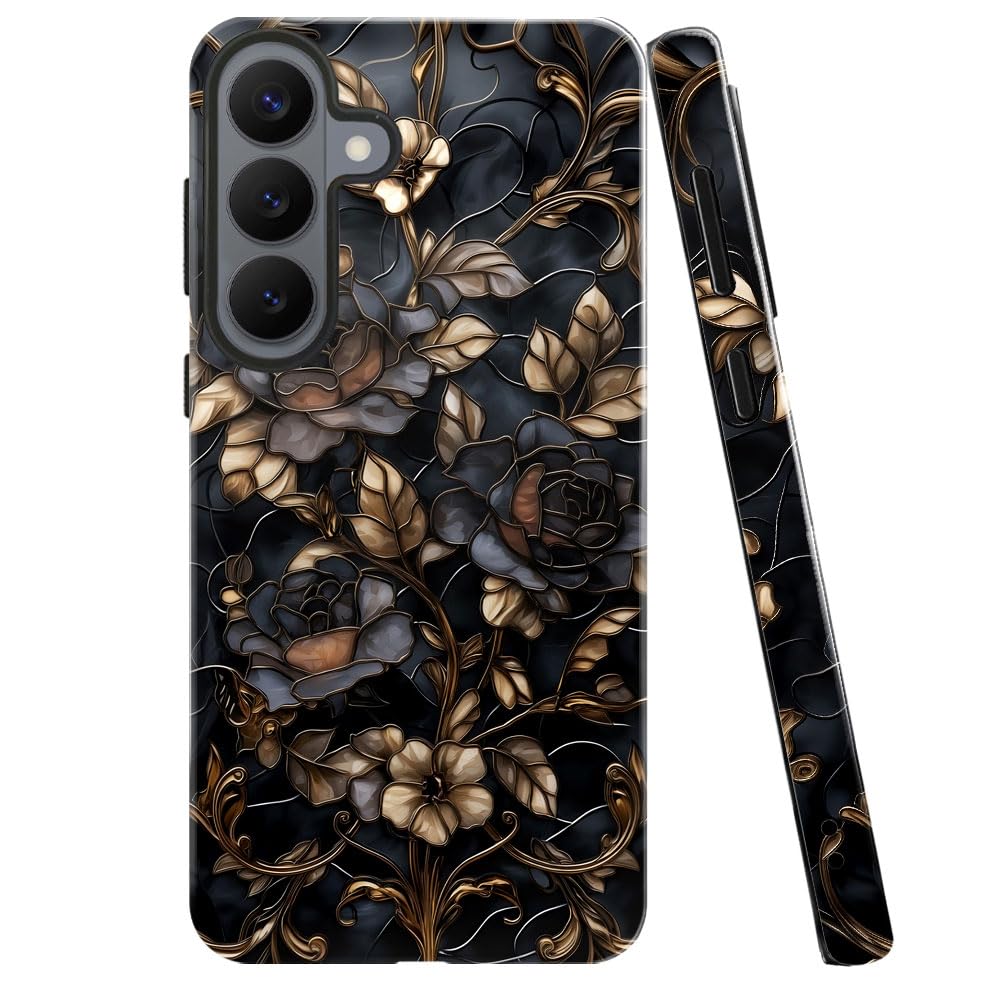 Case for Samsung Galaxy S26,Stained Glass Gold Dark Academia Flower Phone Case Military-Grade Drop Protection Cover for Women Gi