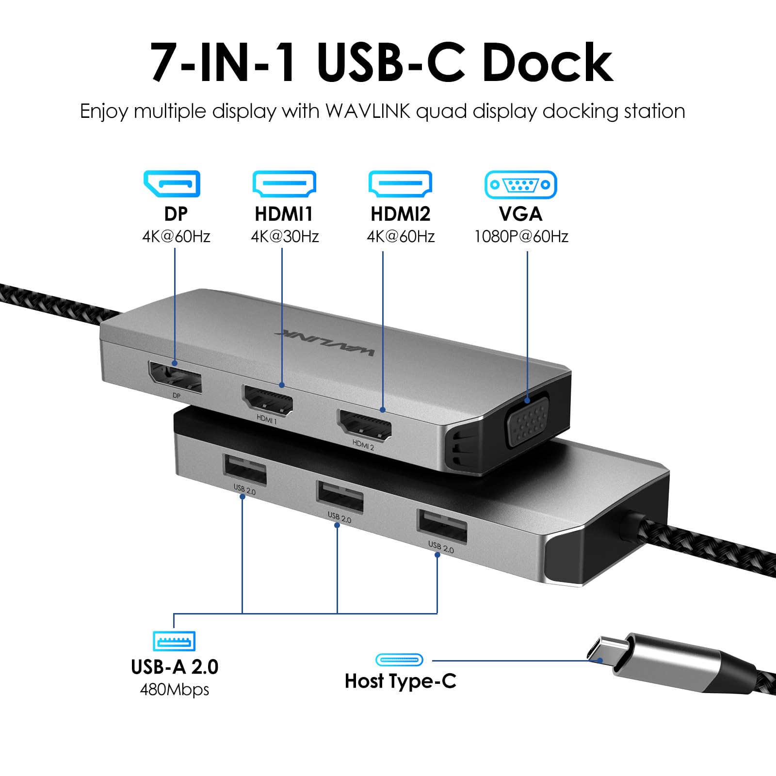 Wavlink Usb C Docking Station For Macbook Dell Xps 13/15, Lenovo Yoga, Hp Laptops, Usb C To Dual Hdmi Monitors For Windows, Usb C Hub Adapter With Dual Hdmi, Displayport, Vga, 3 Usb 2.0 Ports, Grey