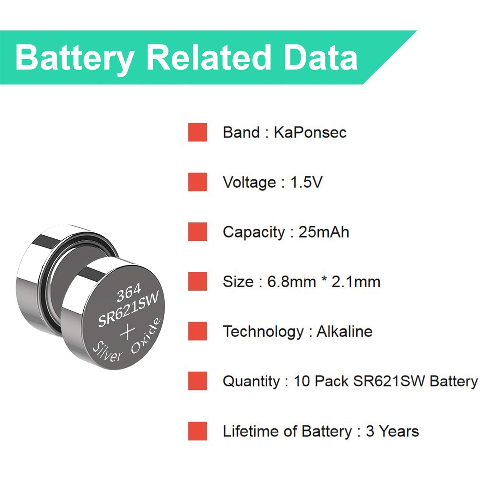 Kaponsec 10 Pack Sr621Sw 364 363 Lr621 164 Ag1 1.5V Button Cell Watch Battery
