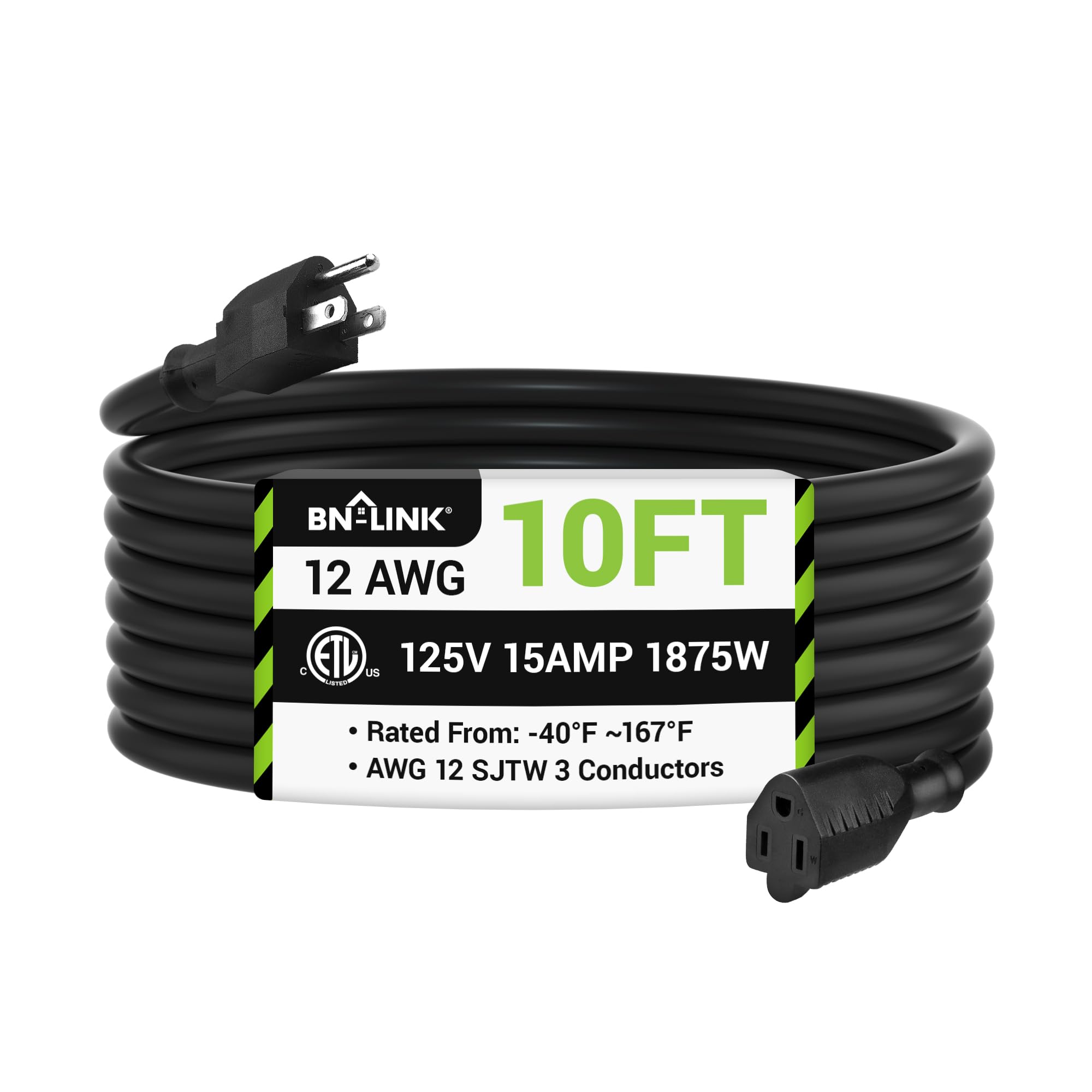 Bn Link 10Ft Outdoor Extension Cord, 12/3 Sjtw Heavy Duty Power Cord, 3 Prong Grounded Plug, Weather Resistant, 15A, 1875W, Blac