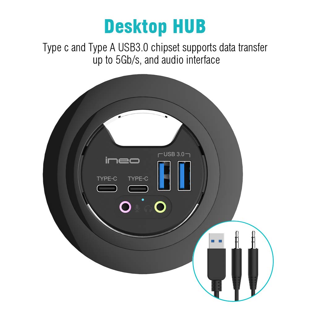 Ineo Grommet Desk Fit (Diameter 2.3'' To 2.4'') 2Type A + 2Type C With 3.5Mm Audio Mic Jack + 3.2'' Expandable Case (Power Is No