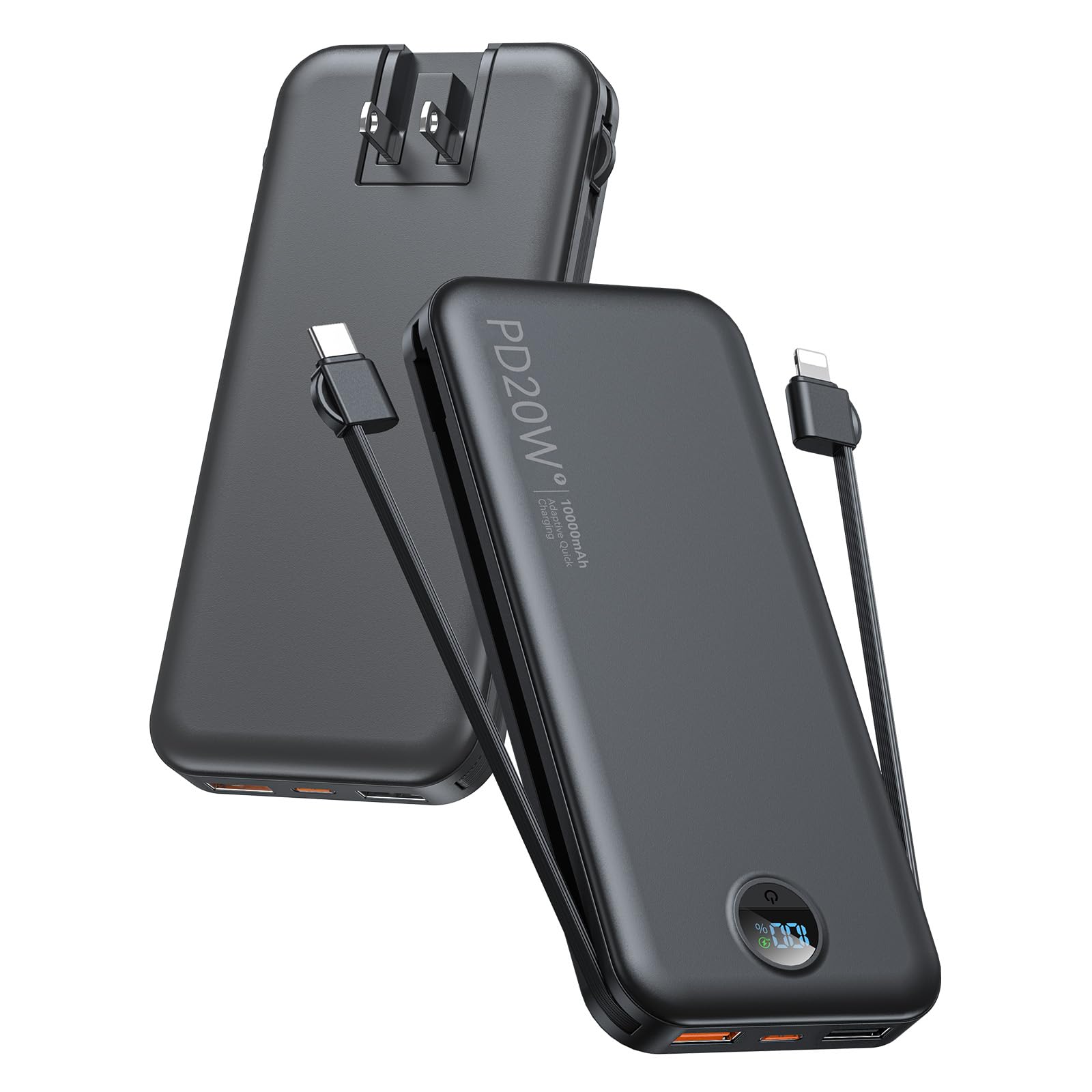 Portable Charger, 10000mAh PD20W Fast Charging Power Bank with Built-in Cables & Wall Plug, External Battery Pack with LED Displ