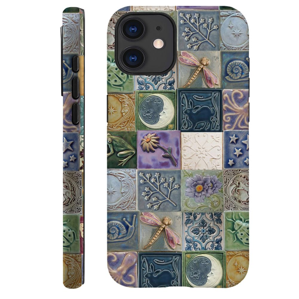 Piodaidy Compatible with iPhone 11,Durable & Shockproof Phone Case Cover Design - Tiles Pattern Moon Dragonfly Flower