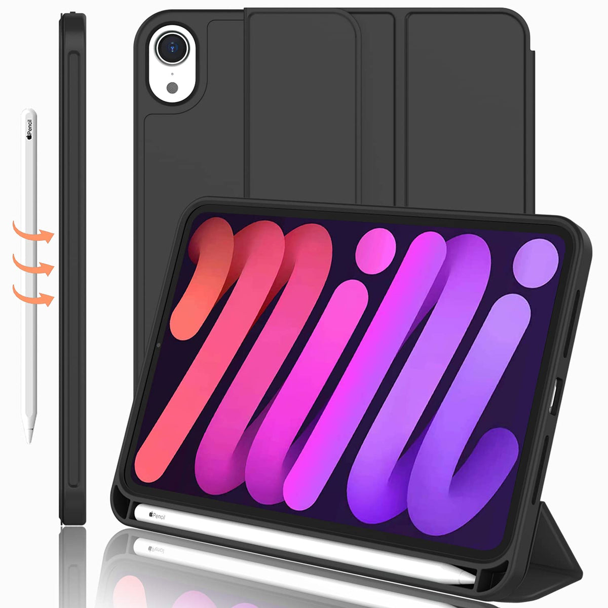 Imieet Ipad Mini 7 Case 2024 (A17 Pro), Ipad Mini 6 Case (8.3 Inch,2021 Model), Ipad Mini 7Th/6Th Generation Case With Pencil Holder, Trifold Stand Smart Case With Soft Tpu Back,Black