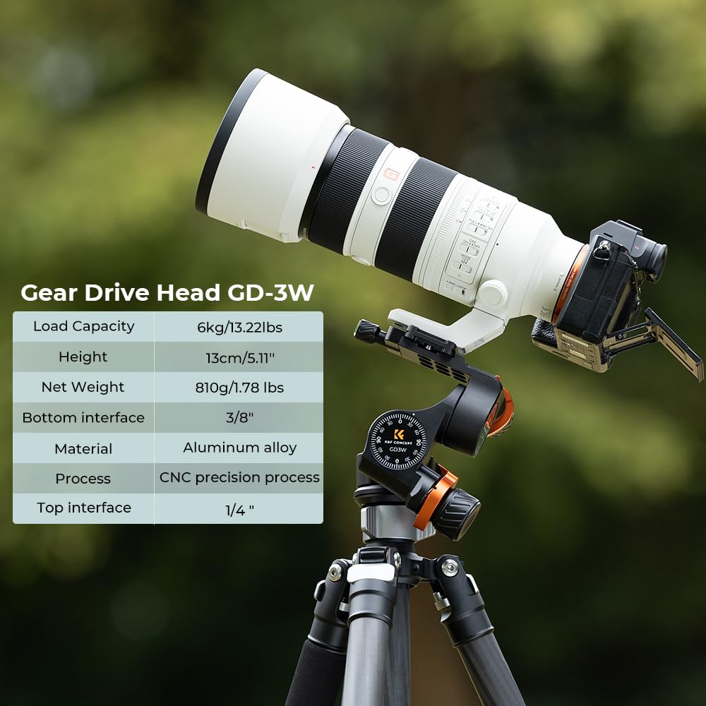 K&F Concept 3 Way Geared Tripod Head, Millimeter Micro Adjustment, Full Cnc Aluminum Alloy Tripod Head, Maximum Load Capacity Of 6Kg For Star Shooting, Commercial Photography, Etc.