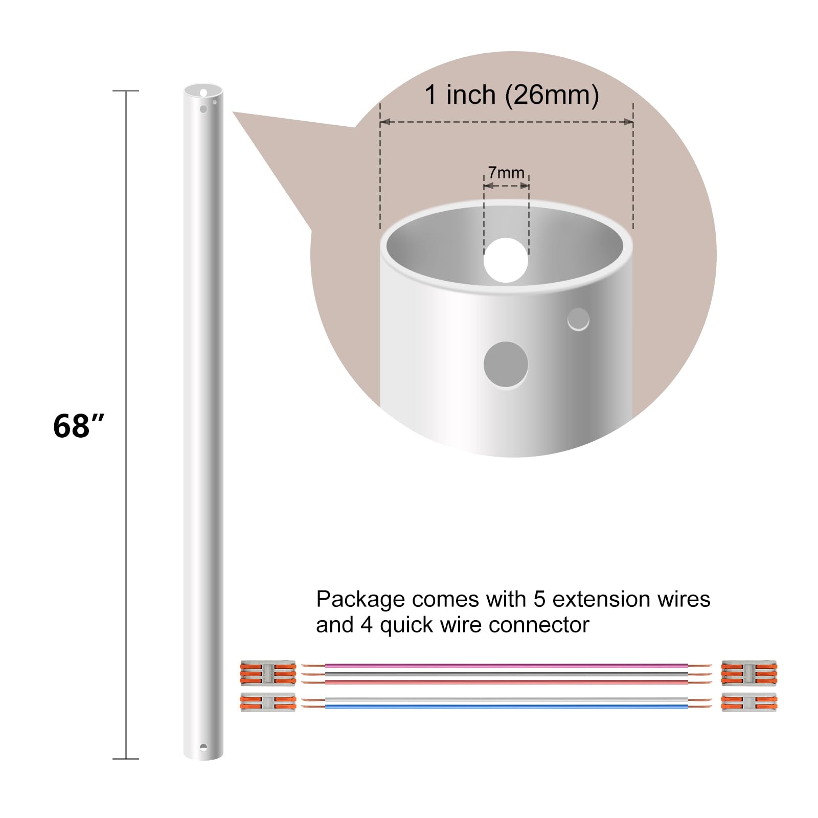 Fujibonny 68'' Ceiling Fan Downrod, ?1'' Outside Diameter?Matte White Extension Downrod Including 5 Extension Wires And 4 Wiring