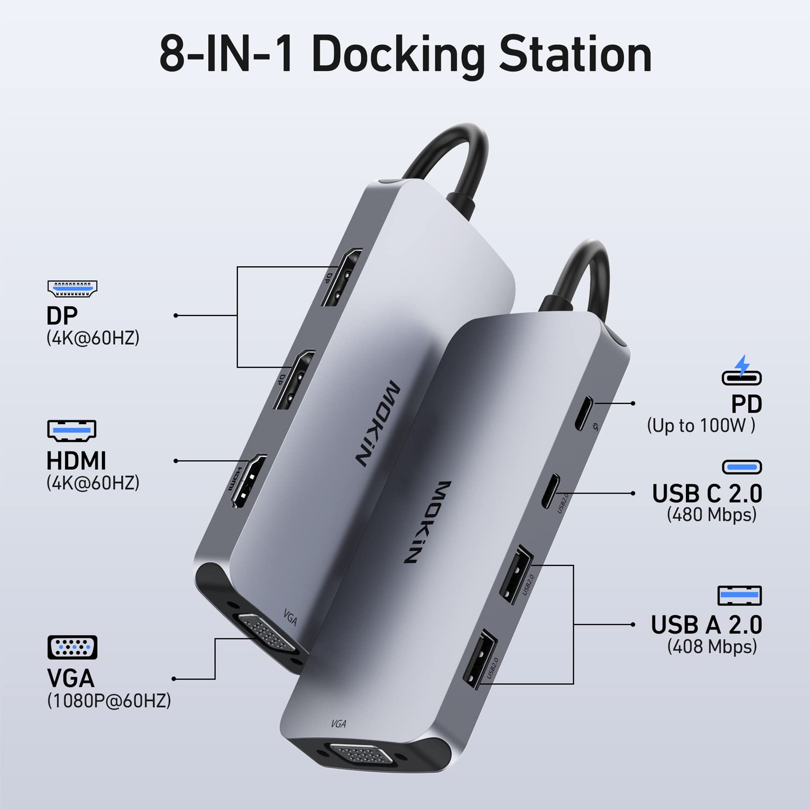 Usb C Docking Station Dual Displayport, 8 In 1 Hub With 2 Dp, Hdmi, Vga, Usb C 2.0, 2 Usb A 2.0, Pd Charging Port, Multi Monitor