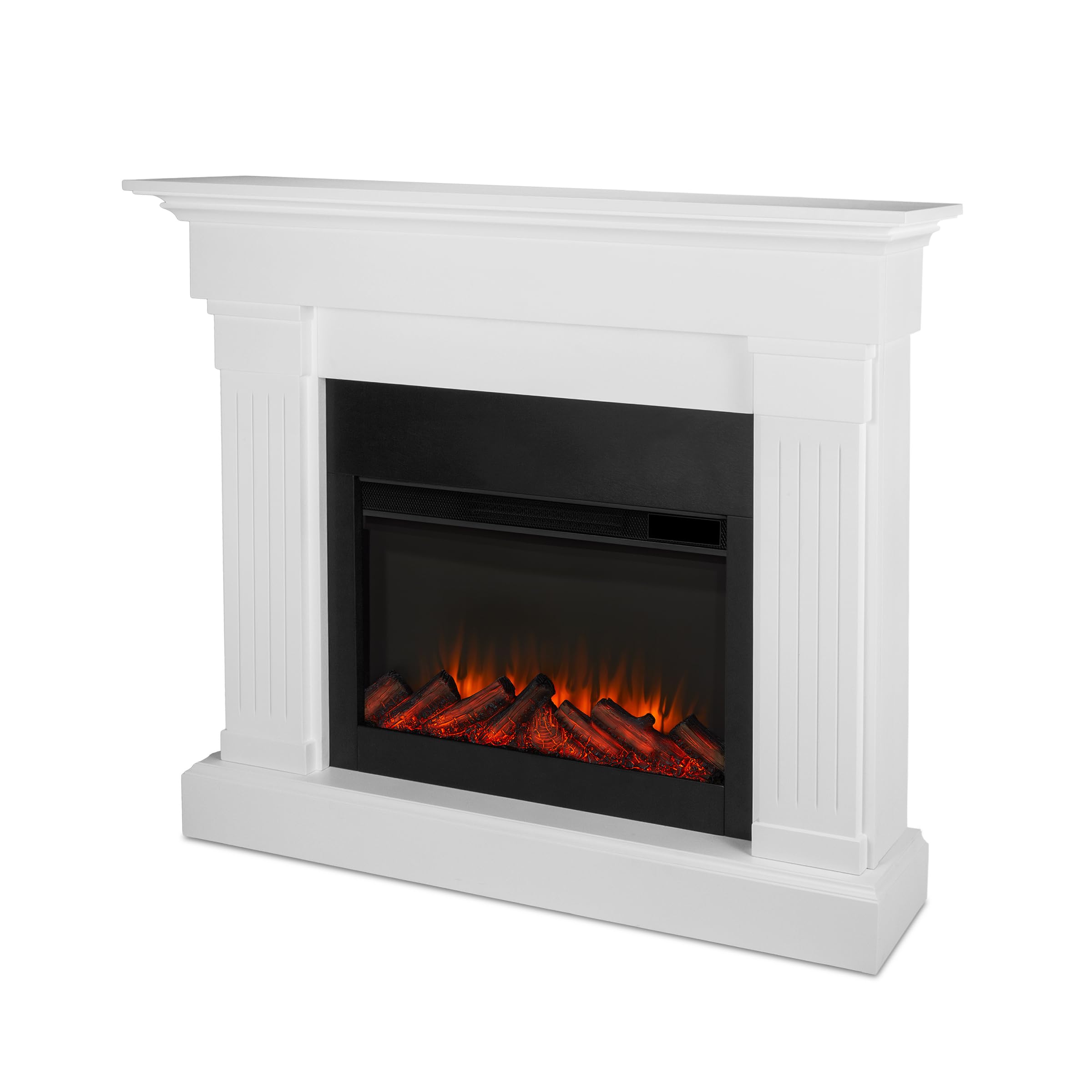 Real Flame Crawford Slim Indoor Electric Fireplace, White, Free Standing With Real Wood Mantel Finish   6 Flame Colors, Adjustab