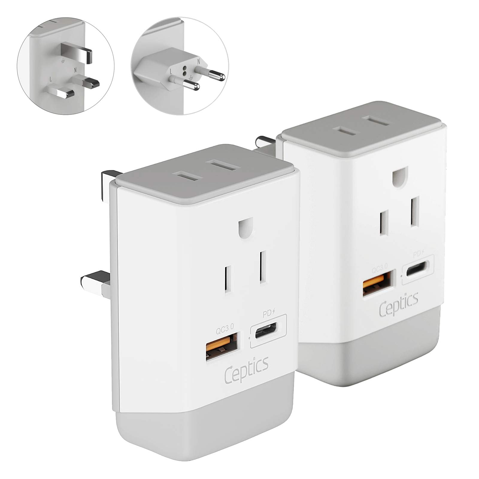 Ceptics European Plug Adapter 2 Pack Set, QC 3.0 & PD, Safe Dual USB & USB-C - 2 USA Socket - Compact & Powerful - Type C (Europ