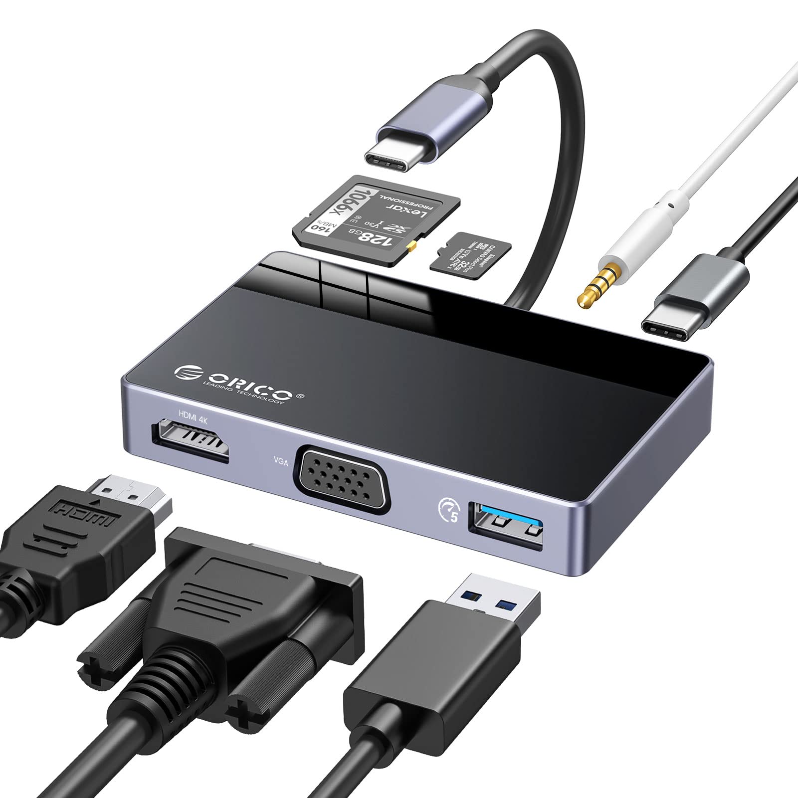 ORICO 7 in 1 USB C Hub USB C Multiport Adapter with 4K HDMI, VGA, 100W PD, 5Gbps USB A3.0�1, 3.5mm Audio�1, SD�1,TF�1, USB C Dock for MacBook Pro/MacBook Air/Dell/HP/Lenovo