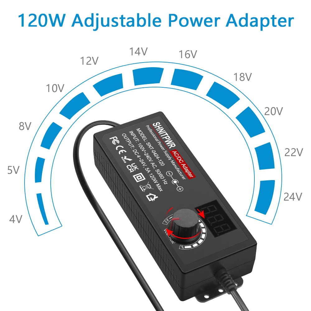 Shnitpwr Ac Adapter 120W Universal Power Adapter 4V 5V 6V 9V 12V 15V 18V 19V 20V 24V Adjustable Switching Power Supply 100V~240V