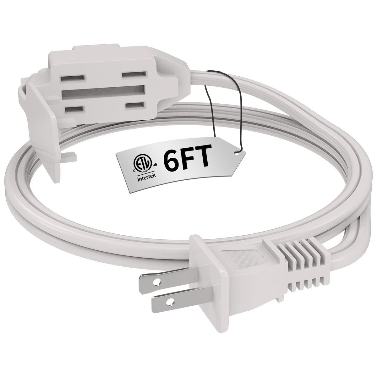 Plugtul Indoor White Extension Cord 6 Feet, 3 Outlet Household Extension Cord, 2 Prong, 16 Gauge, 3 Polarized Outlets With Safet
