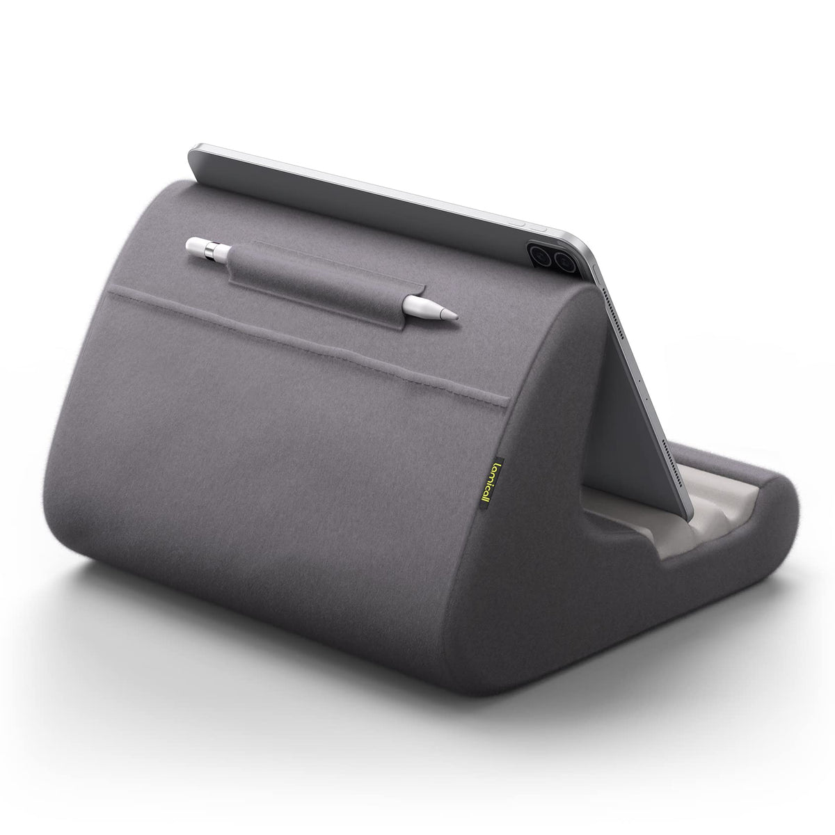 Lamicall Tablet Stand, Tablet Pillow Holder   Soft Pad for Bed, Lap Tablet Dock with Stylus Mount & Pocket, for iPad Pro 12.9, Air, Mini, Kindle, Galaxy Tab and 4 13' Tablet, Dark Grey