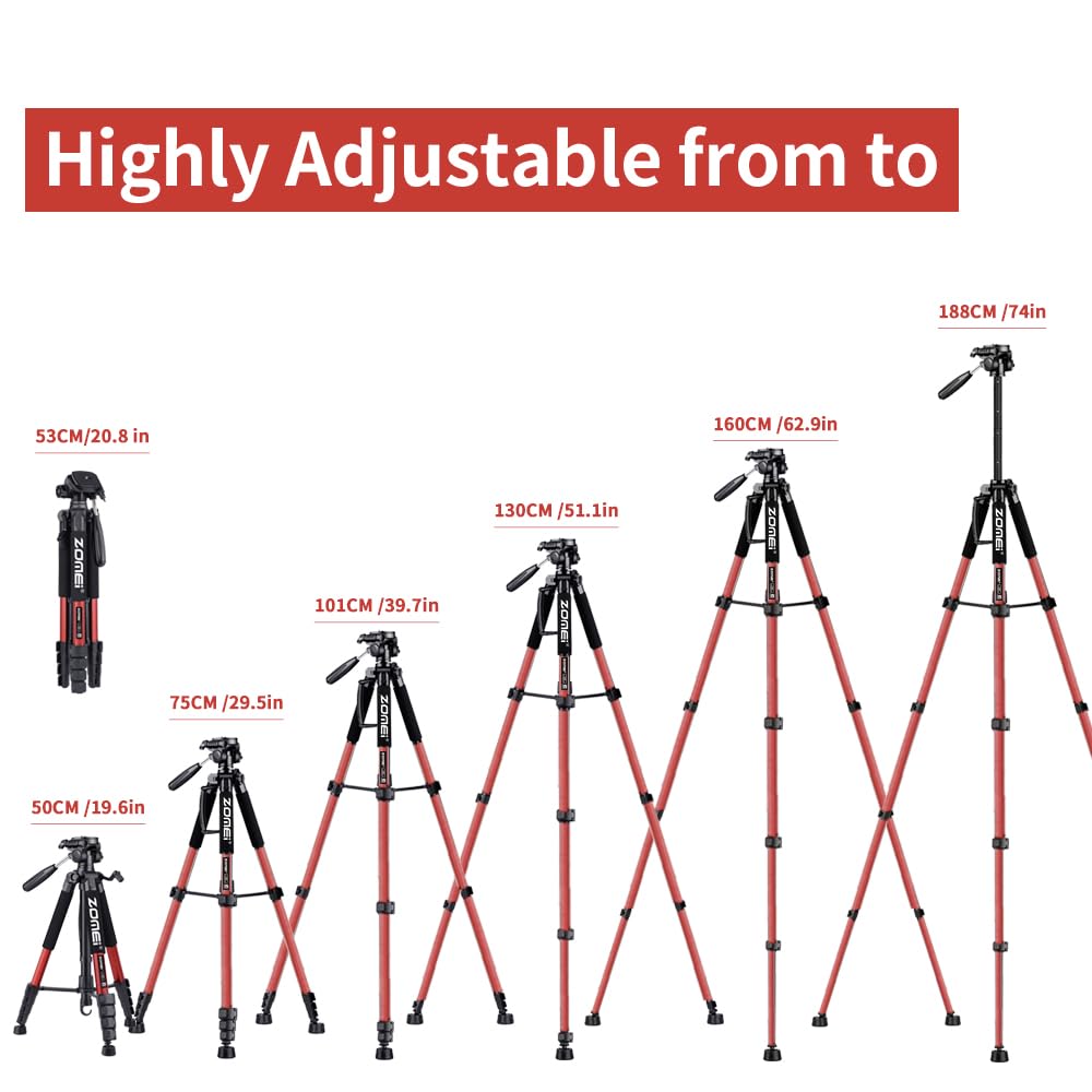 Camera Tripod, 74' Tripod For Camera Stand, Heavy Duty Tripod With Travel Bag For Projectors, Lasers, Dslr, Webcam, Aluminum Phone Tripod For Video Recording Photo Vlogging(Red)