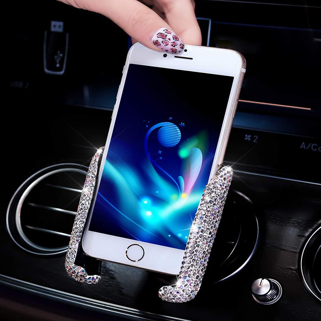 Suncaraccl Bling Car Phone Holder Mini Dash Air Vent Automatic Phone Mount Universal 360Adjustable Crystal For Women And Girls (