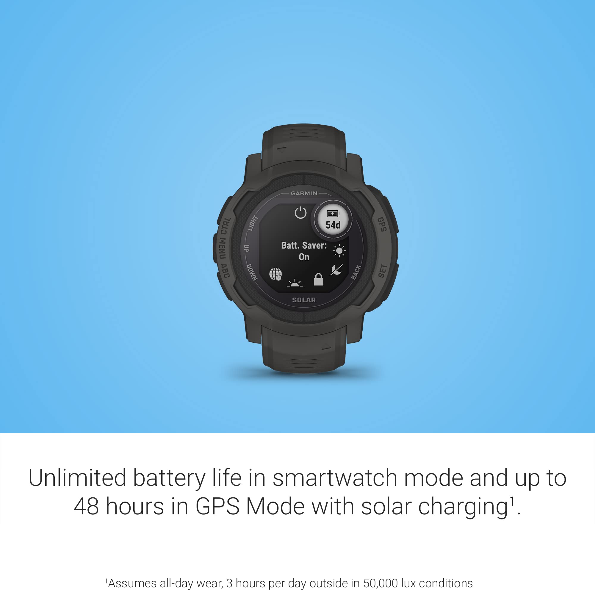 Garmin Instinct 2 Solar, Gps Outdoor Watch, Solar Charging Capabilities, Multi-Gnss Support, Tracbak Routing, Graphite