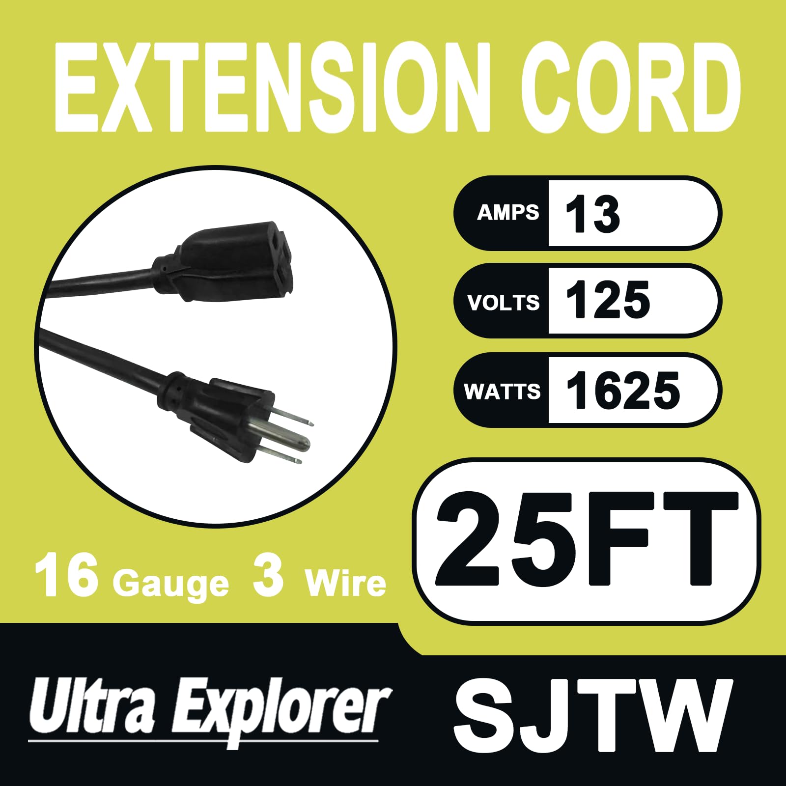 25 Ft 16/3 Outdoor Extension Cord Waterproof   16 Gauge 3 Prong Electric Cord, Sjtw, 13A 1625W 125V, Grounded Plug Extension Wir