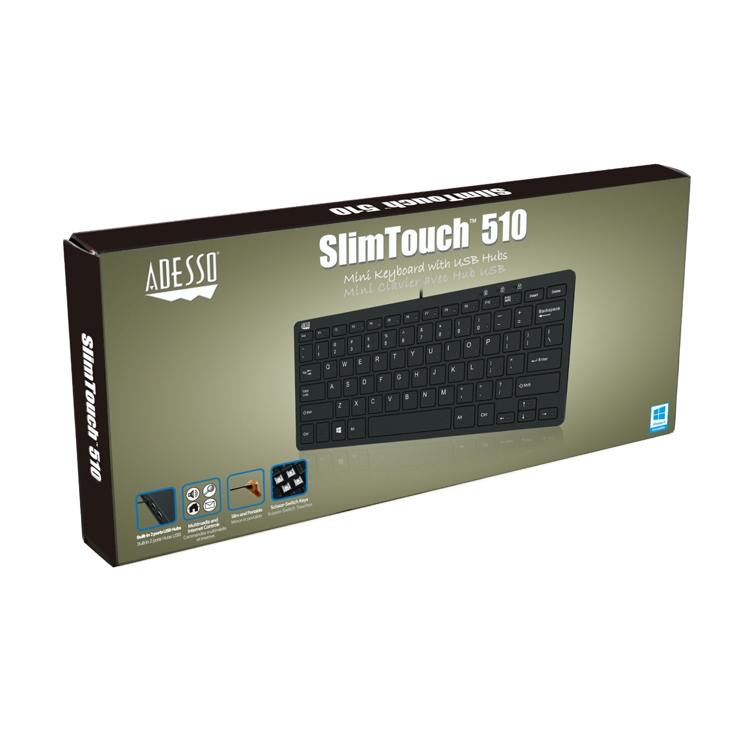 Adesso Adaptec Slimtouch 510 Mini Keyboard With Usb Hubs (Akb 510Hb), Black