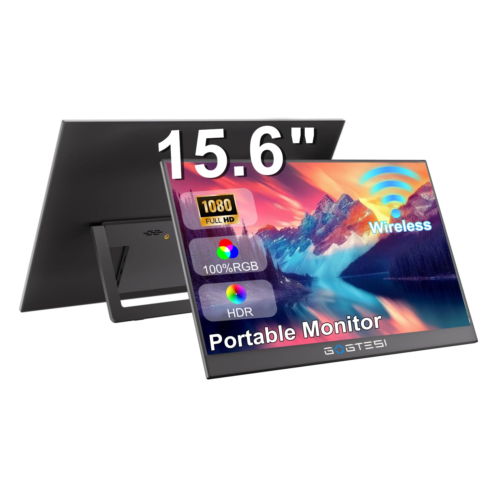 gogtesi 15.6 Inch Wireless Portable Monitor 1080P FHD Ultra Slim Display WiFi Connectivity 180??Adjustable Built-in Stand Lightw
